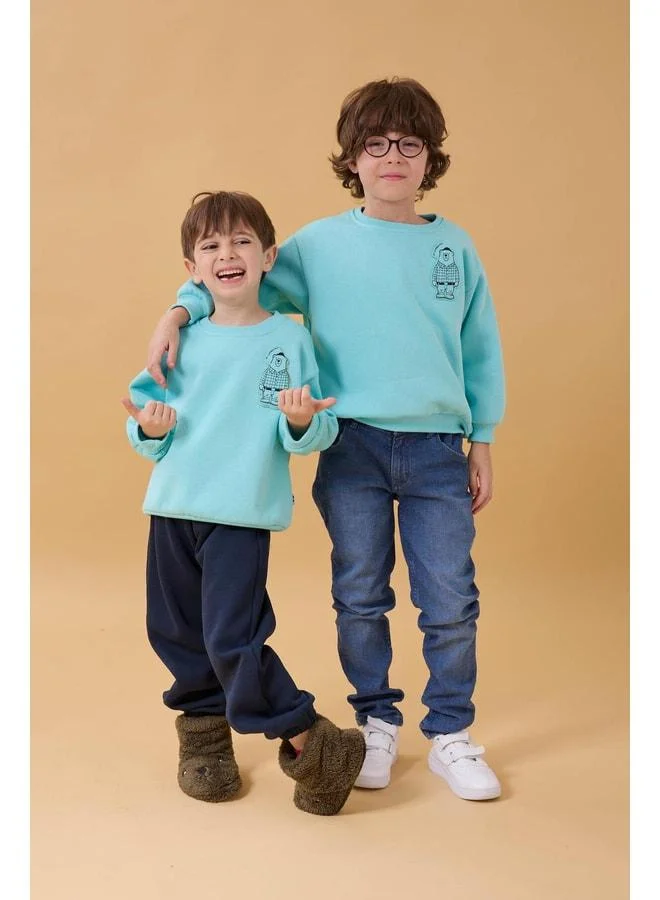 Perendi Boy's Bike Neck Bear Print Sweatshirt Light Green.