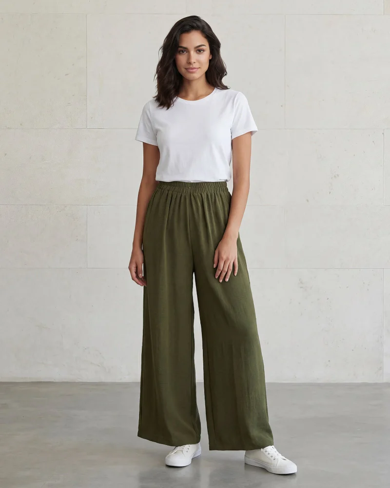 Redtag Women’s Green Elasticated Waist Wide Leg Trousers