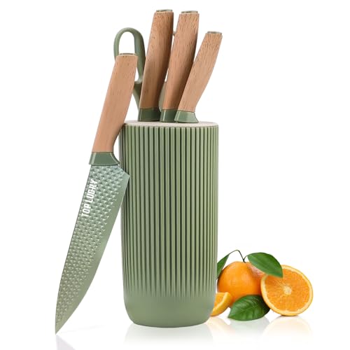 RETROSOHOO Kitchen Knife Set, Retrosohoo 6 Pieces Green Professional Knife Set with Universal Knife Block, Super Sharp Knife Set with Ergonomic Handle, Non-stick Stainless Steel Knife Block Set(Green) - Image 1
