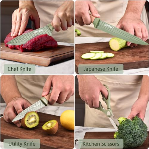 RETROSOHOO Kitchen Knife Set, Retrosohoo 6 Pieces Green Professional Knife Set with Universal Knife Block, Super Sharp Knife Set with Ergonomic Handle, Non-stick Stainless Steel Knife Block Set(Green) - Image 3