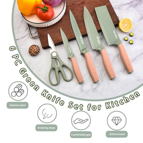 RETROSOHOO Kitchen Knife Set, Retrosohoo 6 Pieces Green Professional Knife Set with Universal Knife Block, Super Sharp Knife Set with Ergonomic Handle, Non-stick Stainless Steel Knife Block Set(Green) - Image 2