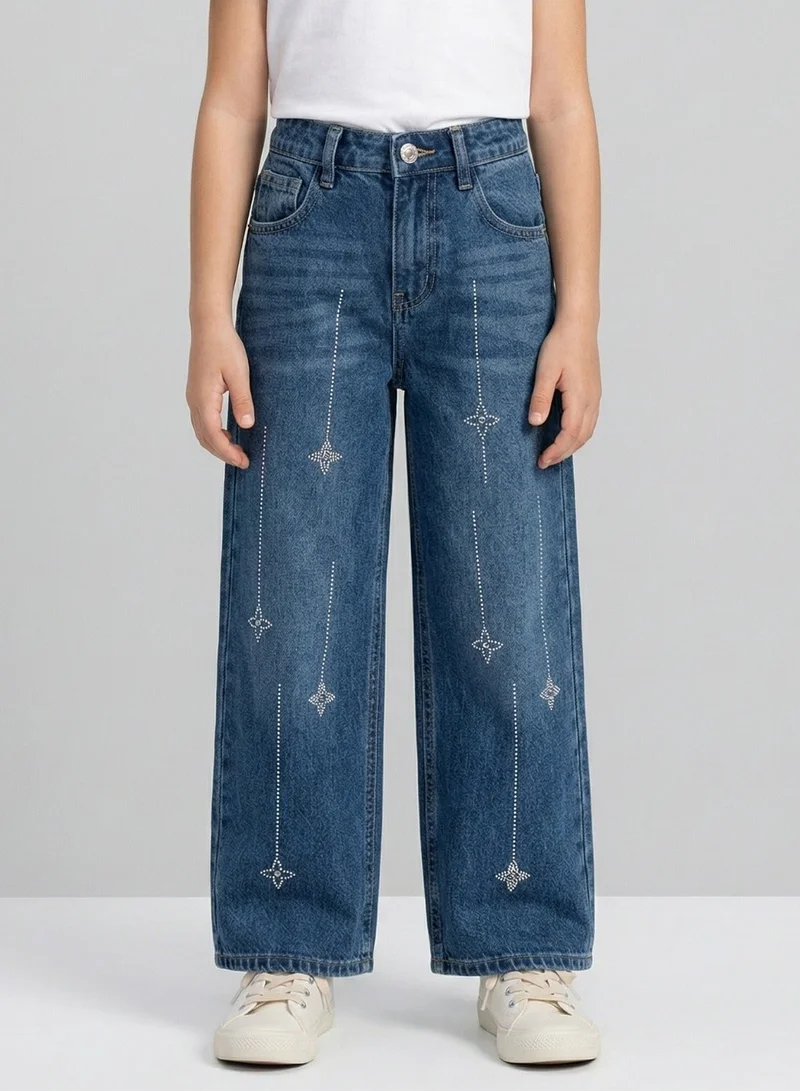 babyqlo Girls Wide Leg Embellished Adjustable Waist Jeans