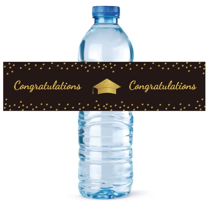 GRADUATION PARTY WATER BOTTLE STICKER LABELS GRADUATION CAP CLASS WATER BOTTLE STICKER 2 X 8 INCH SET OF 24 BLACK