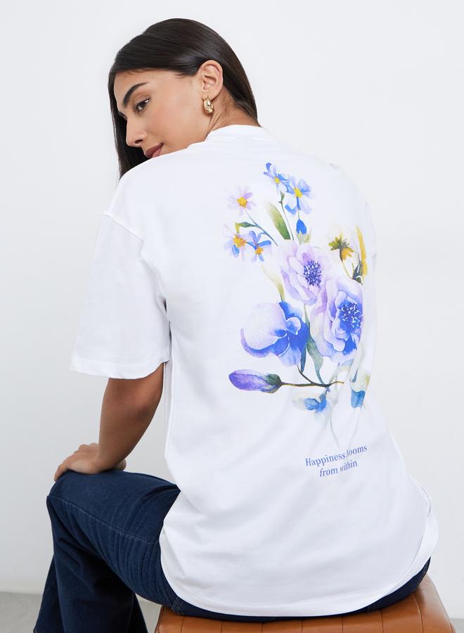 Styli Women White Floral Graphic Oversized T-Shirt - Image 1