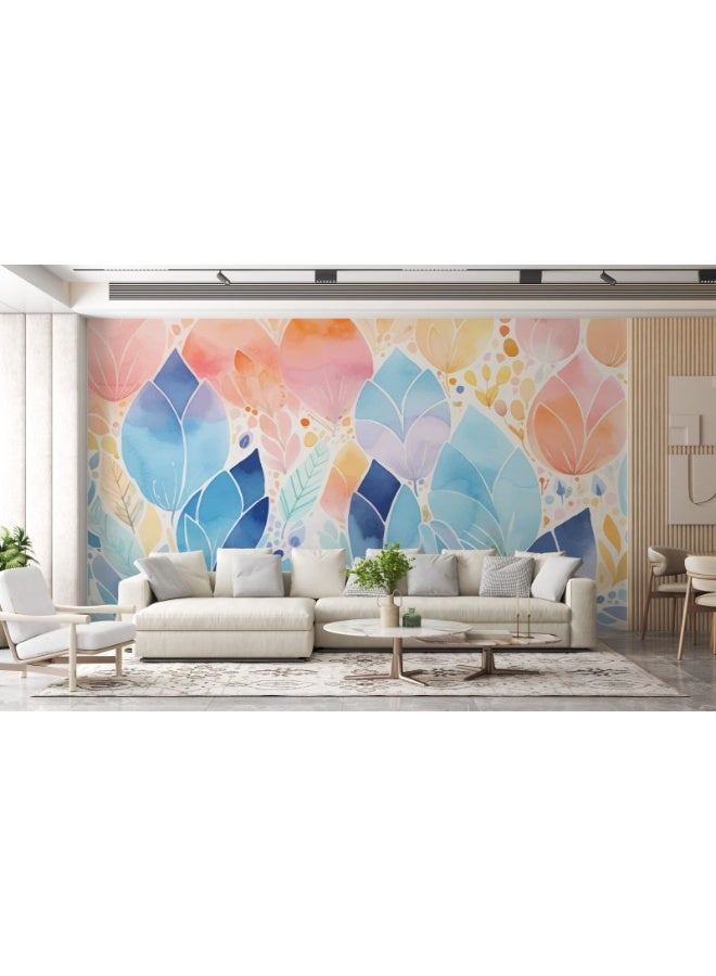 Home Gallery Blue And Pink Colored Tree Leaves Fabric Wallpaper Covers An Area ​​Up To 4.2Mx3M With Adhesive  And Smoothing Tool - Image 1
