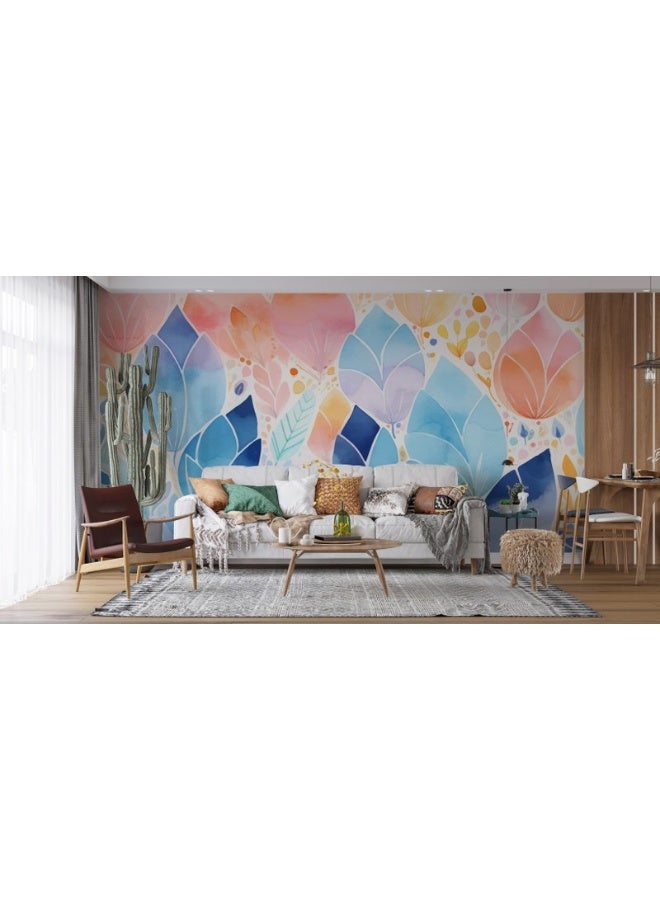 Home Gallery Blue And Pink Colored Tree Leaves Fabric Wallpaper Covers An Area ​​Up To 4.2Mx3M With Adhesive  And Smoothing Tool - Image 4