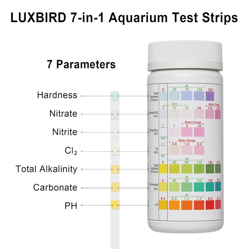 شرائط اختبار أحواض السمك LUXBIRD 100 قطعة، مجموعة اختبار مياه حوض السمك 7 في 1 للصلابة، النترات، النتريت، الكلور، القلوية الكلية، الكربونات، الأس الهيدروجيني، اختبار دقيق لجودة المياه للمياه العذبة/المالحة والبرك - Image 2