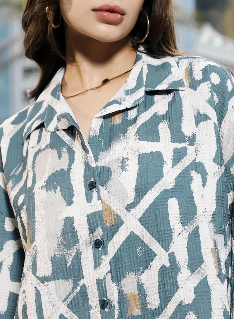 Pinacolada Women's Sky Blue Graffiti-Imprint Textured Oversized Shirt Women's Sky Blue Graffiti-Imprint Textured Oversized Shirt for Women | Best Price UAE