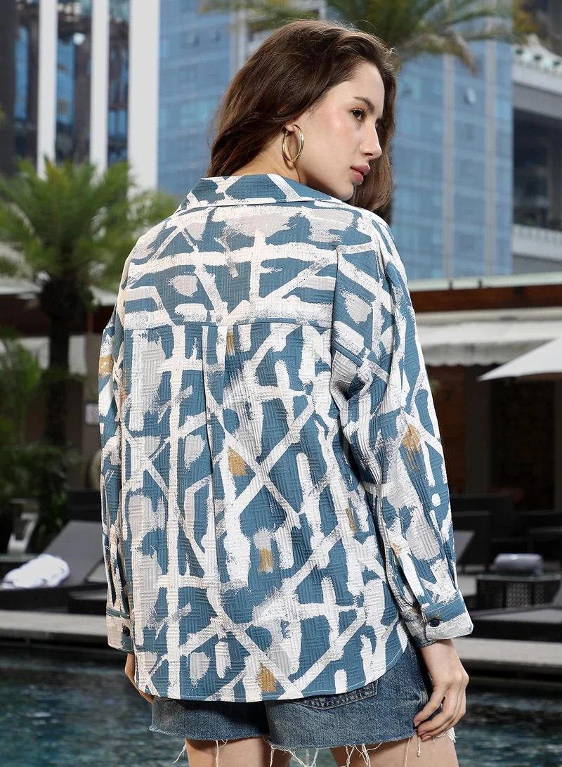 Pinacolada Women's Sky Blue Graffiti-Imprint Textured Oversized Shirt Women's Sky Blue Graffiti-Imprint Textured Oversized Shirt for Women | Best Price UAE