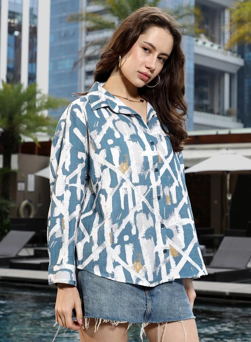 Pinacolada Women's Sky Blue Graffiti-Imprint Textured Oversized Shirt Women's Sky Blue Graffiti-Imprint Textured Oversized Shirt for Women | Best Price UAE