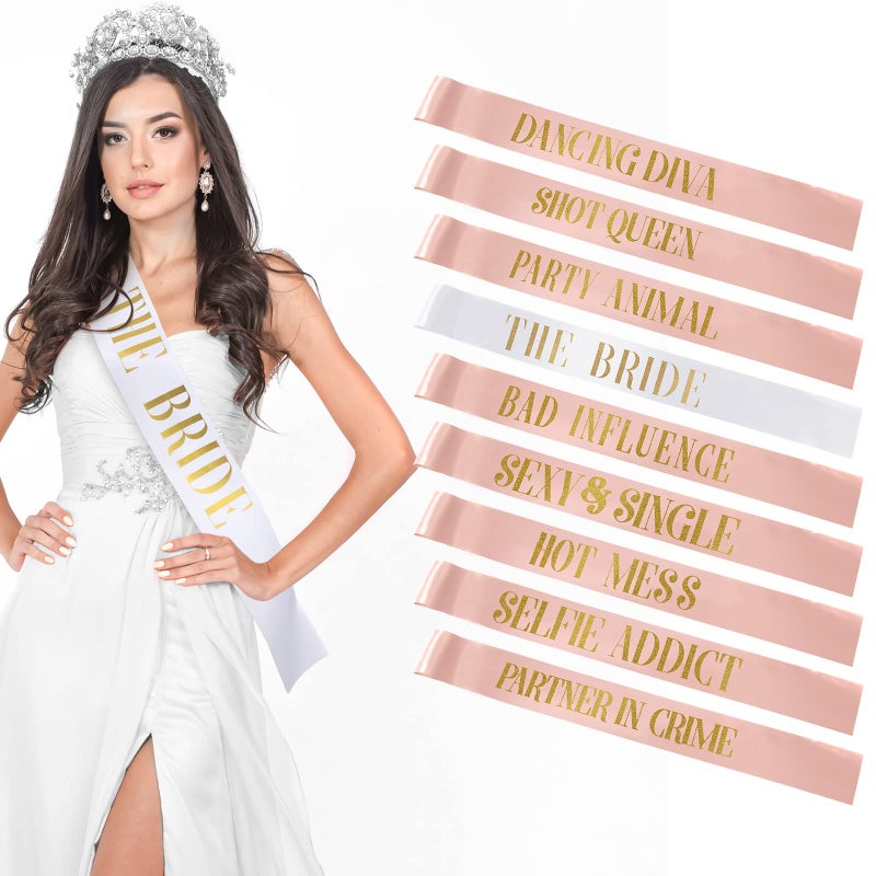 LEIFIDE 10 Pack Bride Sash and Bridesmaid Sash Set Bachelorette Party Sashes Bridal Shower Decorations Bride Gifts Team Sash for Bride Bridesmaids Maid of Honor Party Supplies (Rose Gold  White) - Image 1
