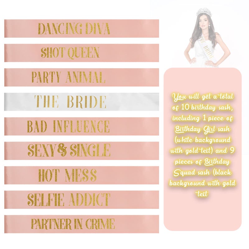 LEIFIDE 10 Pack Bride Sash and Bridesmaid Sash Set Bachelorette Party Sashes Bridal Shower Decorations Bride Gifts Team Sash for Bride Bridesmaids Maid of Honor Party Supplies (Rose Gold  White) - Image 2