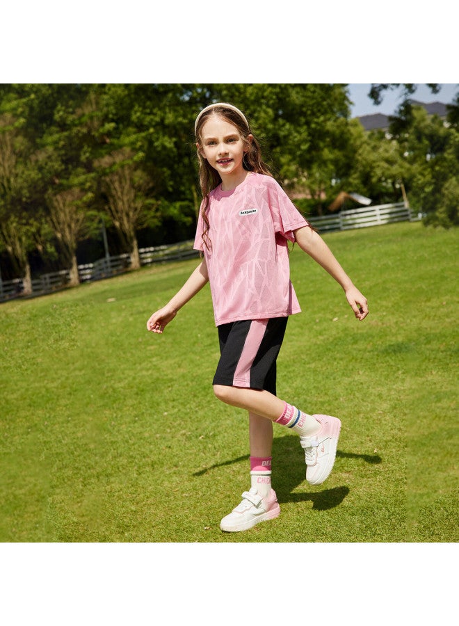 Ask Junior Instant Cooling Series Children'S Quick-Dry Cool Feeling Set Summer Girls' Short Sleeve T-Shirt Shorts Teenagers Pink 140 - Image 1
