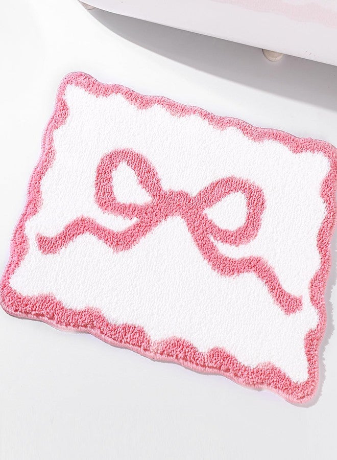 Tinideya Pink Scalloped Bow Bathroom Mat 16" x 24" Non Slip Coquette Bow Rug Cute Aesthetic Scallop Carpet Preppy Room Decor Microfiber Absorbent Bath Rug for Bathroom Bathtub Shower Bedroom - Image 1