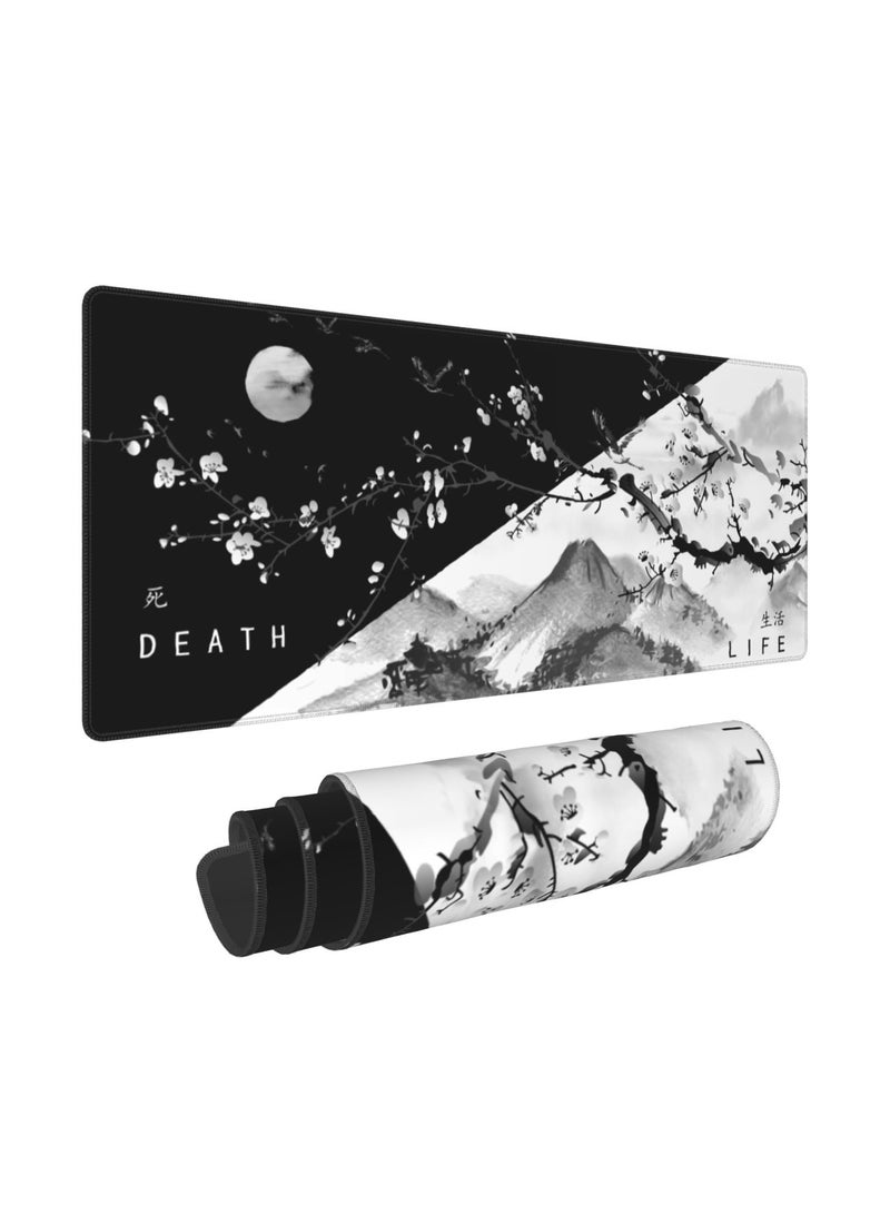 Excefore وسادة ماوس للألعاب باللونين الأبيض والأسود من Plum Bossom Cherry Blossom، وسادة ماوس كبيرة ممتدة للمكتب، وسادة ماوس بحواف مخيطة، وسادة ماوس طويلة بقاعدة مطاطية غير قابلة للانزلاق (31.5 × 11.8 × 0.12 بوصة، A5) - Image 1