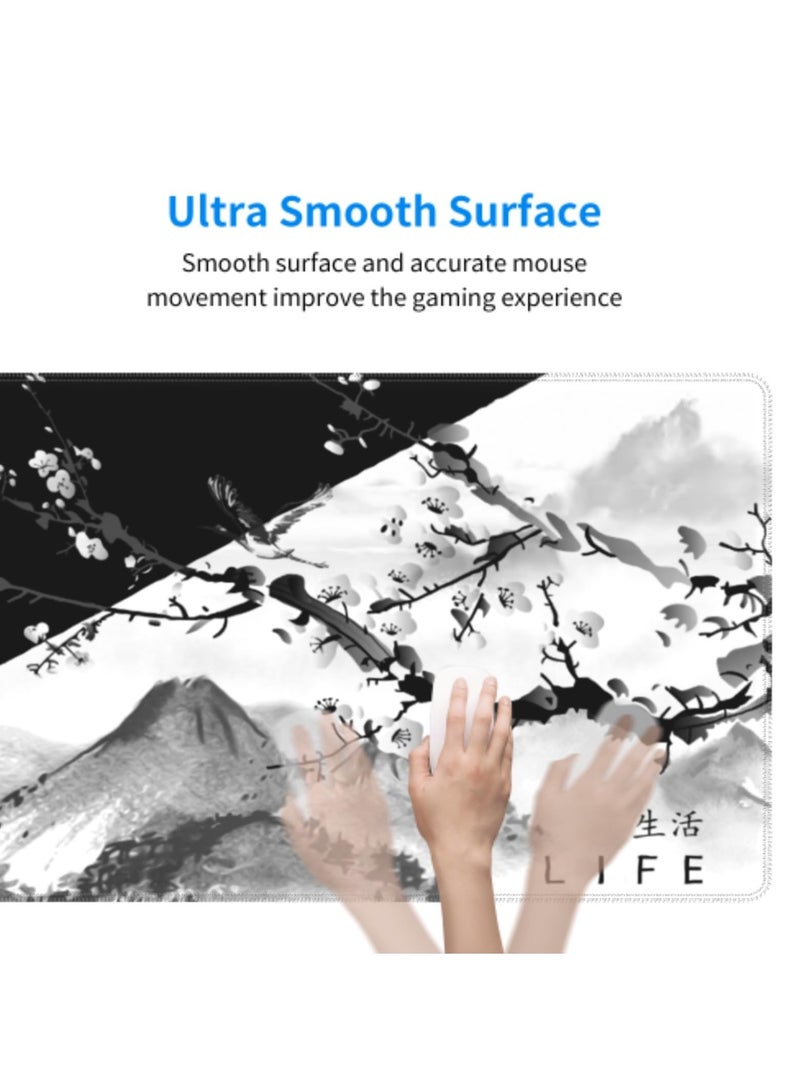 Excefore Gaming Mouse Pad Black and White Plum Bossom Cherry Blossom, Extended Large Mouse Mat Desk Pad, Stitched Edges Mousepad, Long Non-Slip Rubber Base Mice Pad (31.5x11.8x0.12 Inch, A5)  - Image 5