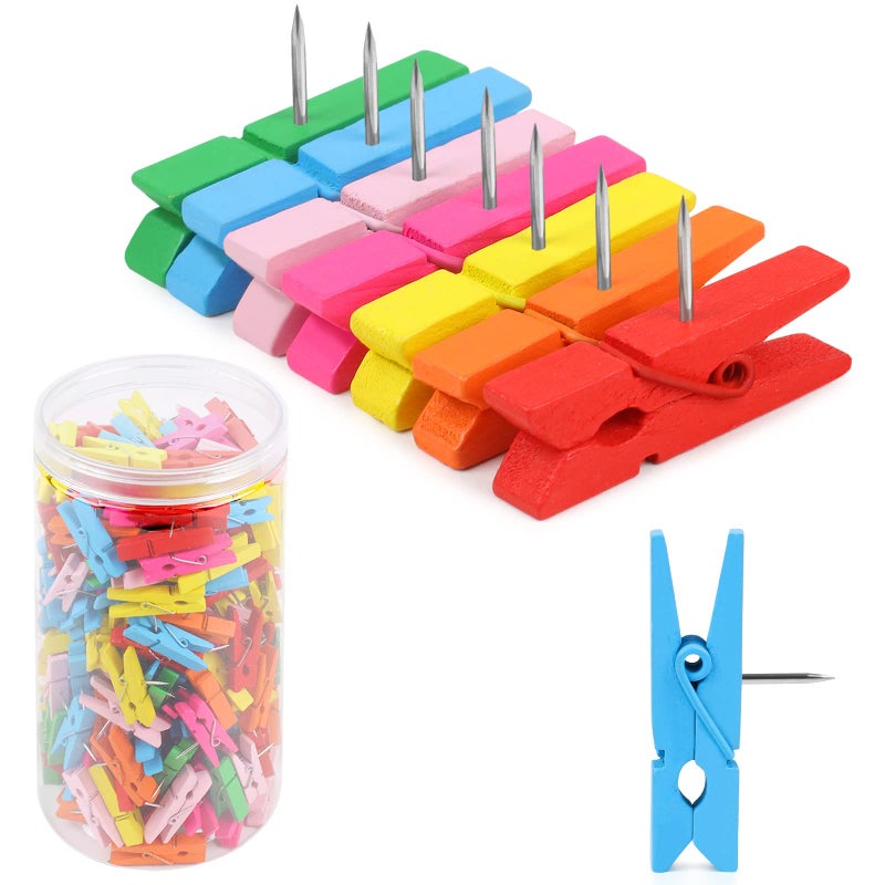 260 PCS Colorful Push Pin with Wooden Clips Durable Wooden Push Pins Decorative Pushpins Tacks Thumbtacks Tacks for Cork Board Artworks Notes Photos Craft Projects Offices and Homes 7 Colors