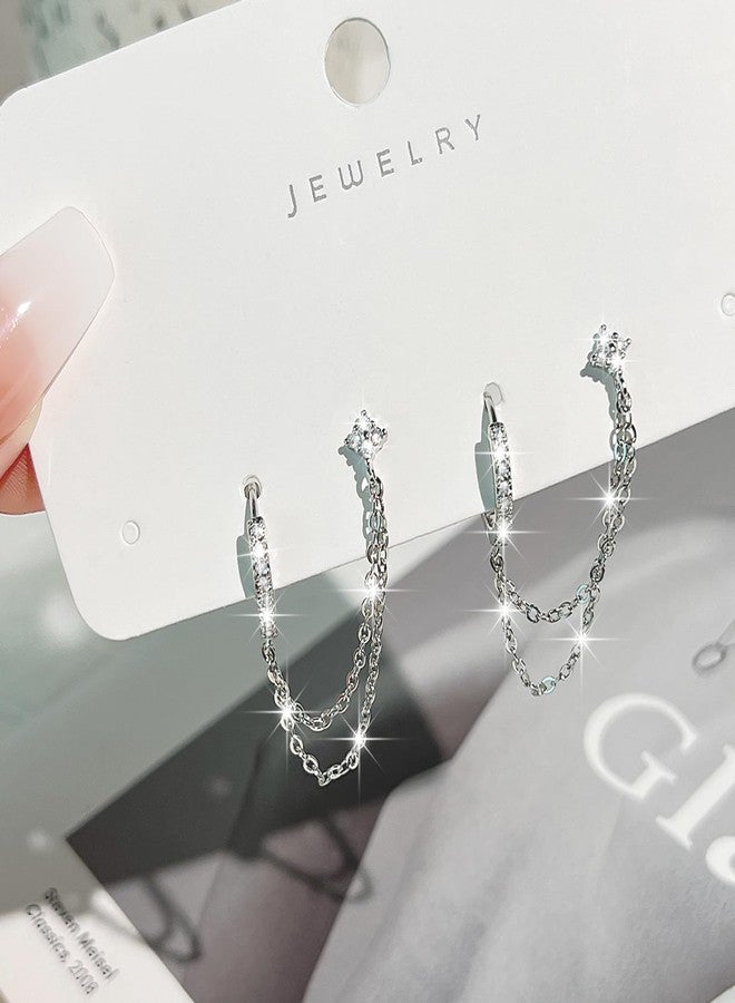 COARVXA 925 Sterling Silver Gold Plated Four Zircons Flower Stud Chain Earrings | Double Piercing Dangle Chain Huggie Hoop Earrings | Four Zirconia Stud Earrings Jewelry Gifts for Women - Image 5