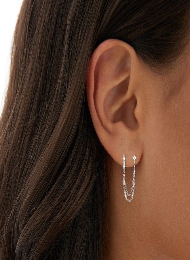 COARVXA 925 Sterling Silver Gold Plated Four Zircons Flower Stud Chain Earrings | Double Piercing Dangle Chain Huggie Hoop Earrings | Four Zirconia Stud Earrings Jewelry Gifts for Women - Image 2