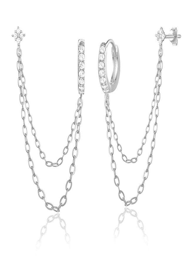 COARVXA 925 Sterling Silver Gold Plated Four Zircons Flower Stud Chain Earrings | Double Piercing Dangle Chain Huggie Hoop Earrings | Four Zirconia Stud Earrings Jewelry Gifts for Women - Image 1