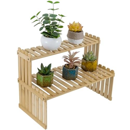 MyGift Natural Bamboo Indoor Plant Stand for Desk 2 Tier Desktop Shelf Organizer Rack with 2 Slatted Shelves - Image 1