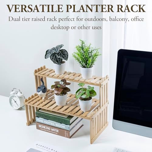 MyGift Natural Bamboo Indoor Plant Stand for Desk 2 Tier Desktop Shelf Organizer Rack with 2 Slatted Shelves - Image 3