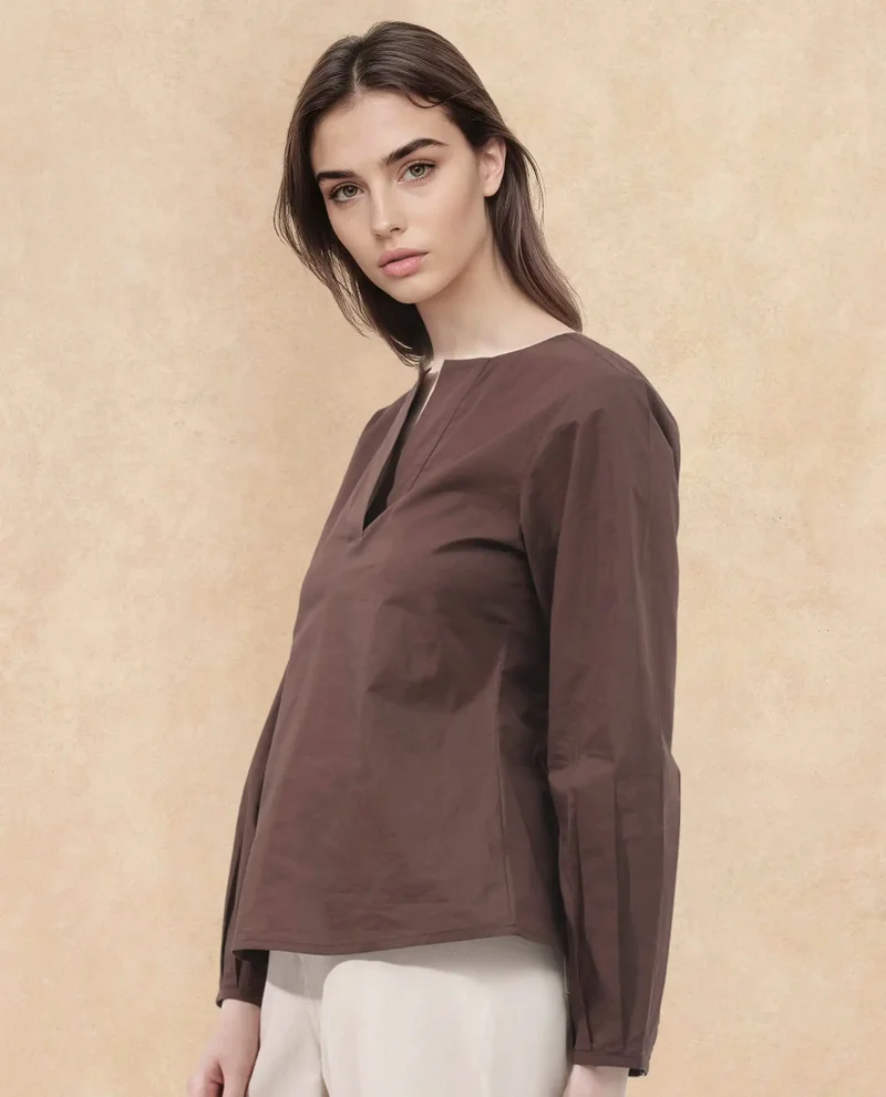 Rareism Women's Solid V-Placket Full Sleeve Top