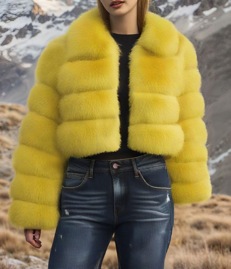 loveimgs Women Fluffy Faux Fur Coat Cropped Jacket Puffer Jacket Zip Up Winter Warm Fuzzy Teddy Jacket (Medium,Yellow) - Image 2