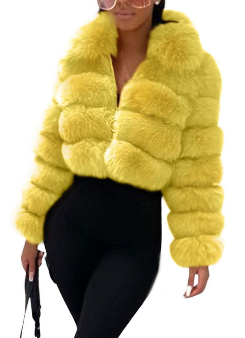 loveimgs Women Fluffy Faux Fur Coat Cropped Jacket Puffer Jacket Zip Up Winter Warm Fuzzy Teddy Jacket (Medium,Yellow) - Image 4