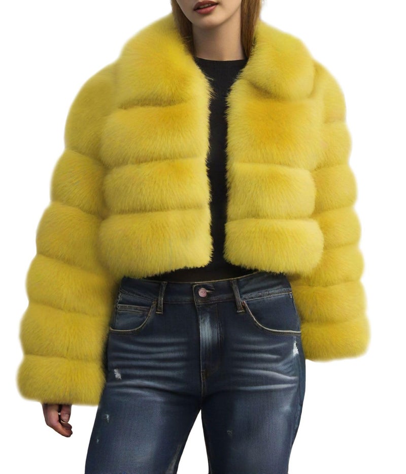 loveimgs Women Fluffy Faux Fur Coat Cropped Jacket Puffer Jacket Zip Up Winter Warm Fuzzy Teddy Jacket (Medium,Yellow) - Image 1