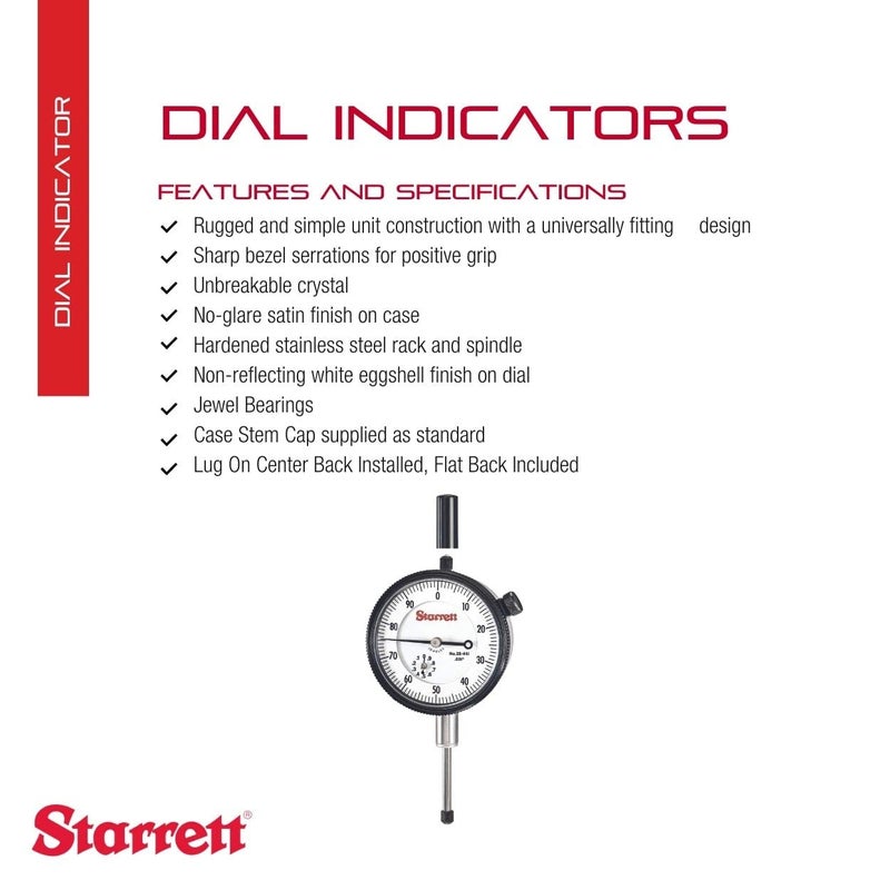 Starrett Starrett 25 Series Dial Indicator with Case Stem Cap Jewel Bearings and LugOnCenter Back  White Face 01 Range 0100 Dial Reading 001 Graduations  25441J WCSC  - Image 2
