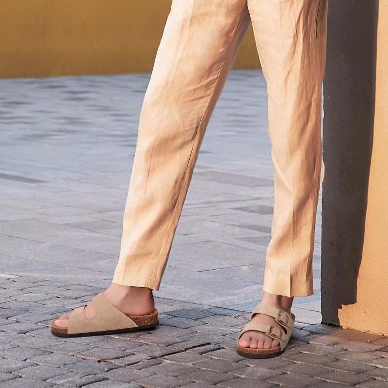 ODOLY Unisex Cork Footbed Slide Sandal, Arch Support Summer Outdoor Sandals with Adjustable Buckle for Women and Men, Taupe Suede 37 (6.5-7 Women/5-5.5 Men) - Image 2