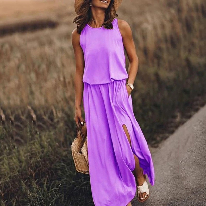 2025 Summer New Arrival Women's Round Neck Sleeveless Dress with Slit, Solid Color Long Skirt - Image 1
