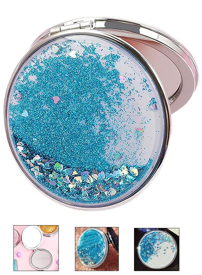 Generic Quicksand Double Sided Round Glitter Cosmetic Mirror, Foldable Portable Compact Makeup Mirror, Creative Fashion Pocket Mirror (Blue)  - Image 1