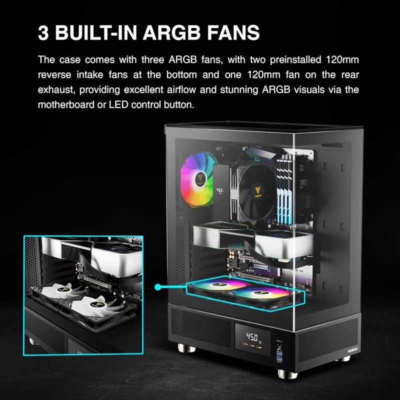 GAMDIAS صندوق كمبيوتر GAMDIAS ATX Mid Tower مع زجاج مقسى، صندوق ألعاب PC مع شاشة عرض درجة الحرارة LCD و 3 مراوح ARGB بحجم 120 مم، يدعم حتى 5 مراوح، 240 مم AIO/مبرد، 340 مم GPU/VGA، 160 مم مبرد هواء CPU - Image 4