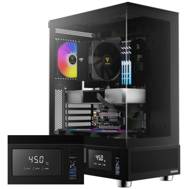 GAMDIAS صندوق كمبيوتر GAMDIAS ATX Mid Tower مع زجاج مقسى، صندوق ألعاب PC مع شاشة عرض درجة الحرارة LCD و 3 مراوح ARGB بحجم 120 مم، يدعم حتى 5 مراوح، 240 مم AIO/مبرد، 340 مم GPU/VGA، 160 مم مبرد هواء CPU - Image 1