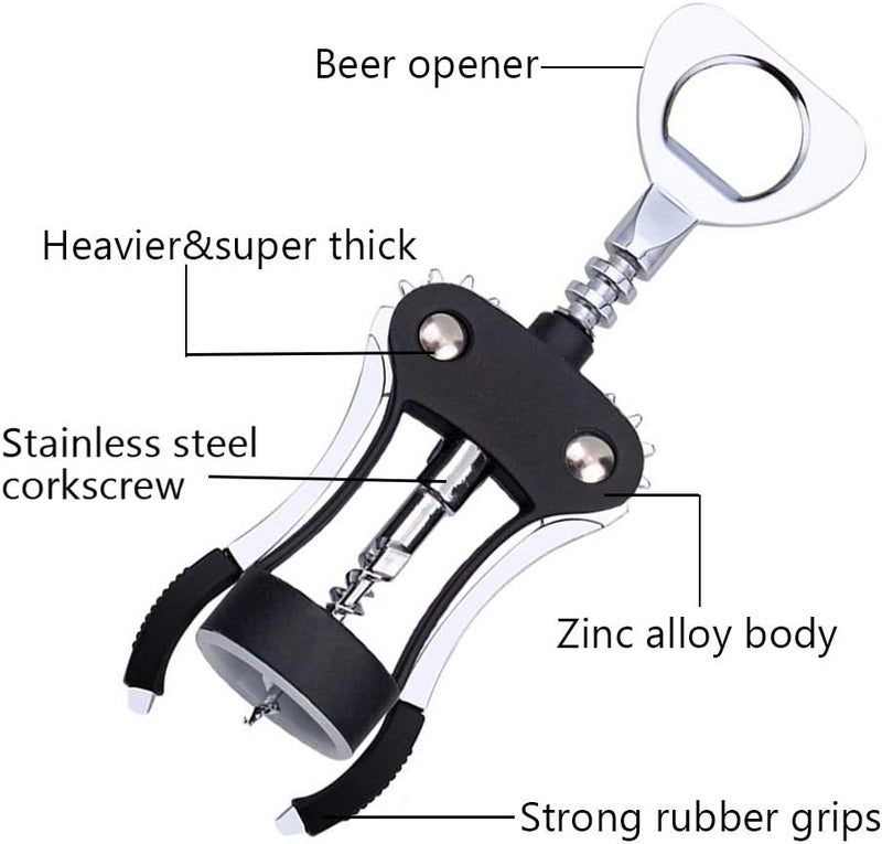 FOHO Wine Opener, Multifunctional Wing Corkscrew Wine Bottle Opener for all Cork Stoppered and Beer Cap Bottles, Luxury Waiter Corkscrew with Stopper Set for Wine Enthusiast, Waiters - Black - Image 3