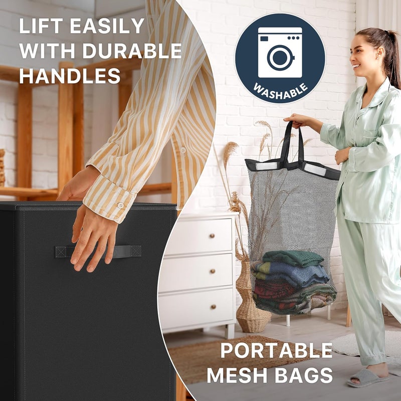 Double Laundry Hamper with Lid and Removable Laundry Bags, Black - Image 4