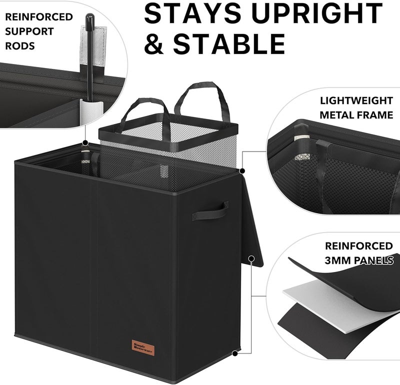 Double Laundry Hamper with Lid and Removable Laundry Bags, Black - Image 3