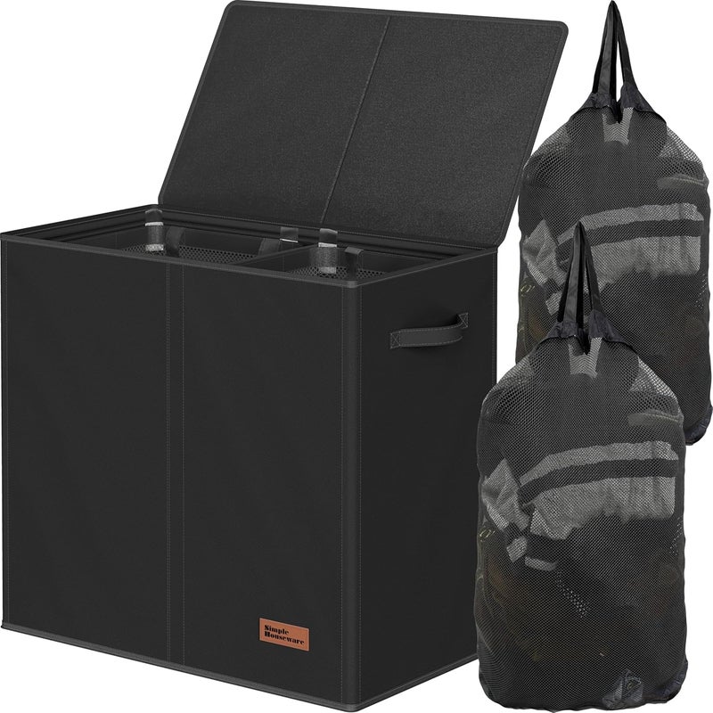 Double Laundry Hamper with Lid and Removable Laundry Bags, Black - Image 1