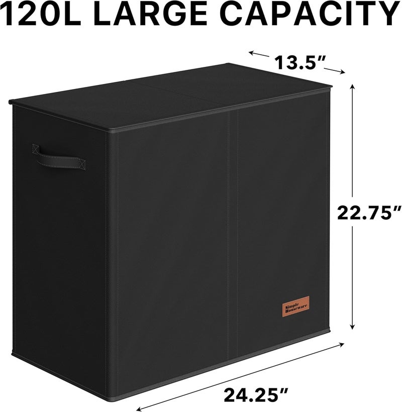Double Laundry Hamper with Lid and Removable Laundry Bags, Black - Image 2