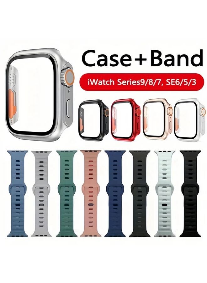 Silicone Strap With Tempered Glass Cover For IWatch Series SE 6 5 4 44MM Dark Green - Image 4