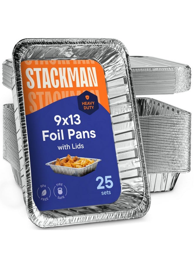 Stack Man Aluminum Pans 9x13 Disposable Aluminum Foil Pans with Lids [25-Sets] Large Baking Pan Trays - Heavy Duty Tin Tray & Lid - Half Size Chafing Dishes for Roasting, Cooking, Heating or Steam  - Image 1