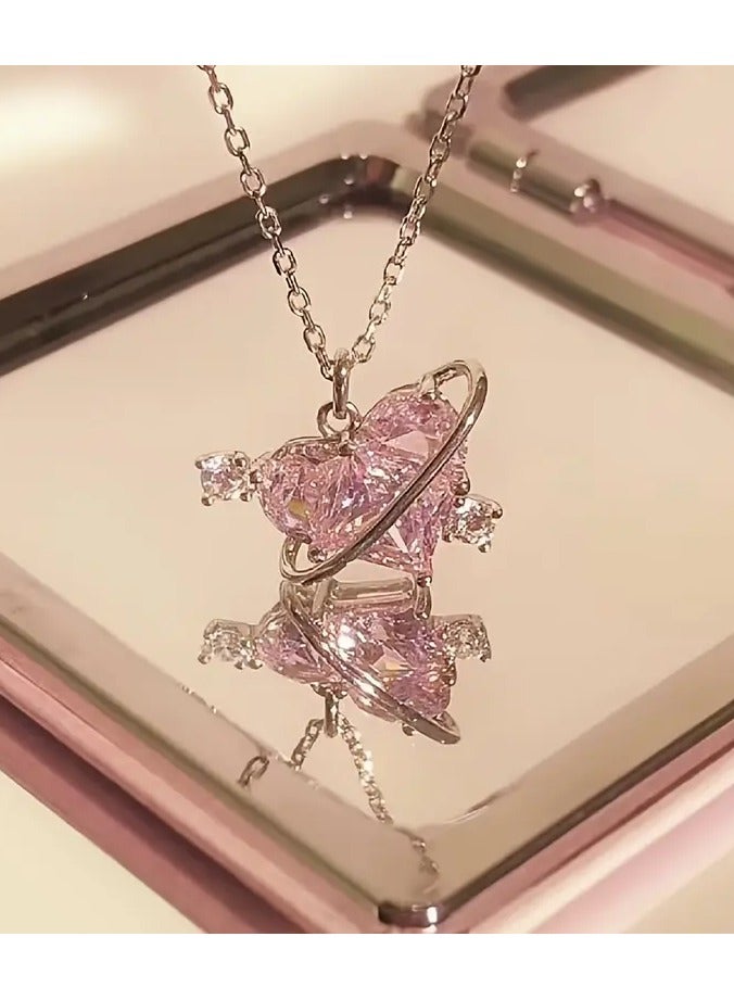 Goolsky Pink Heart Decor Necklace Elegant Clavicle Chain Charm Necklace For Women Gift - Image 1