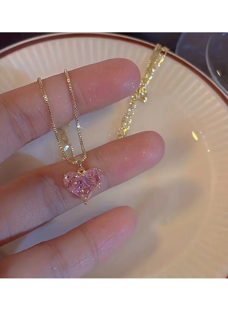 Goolsky Pink Heart Decor Necklace Elegant Clavicle Chain Charm Necklace For Women Gift - Image 5