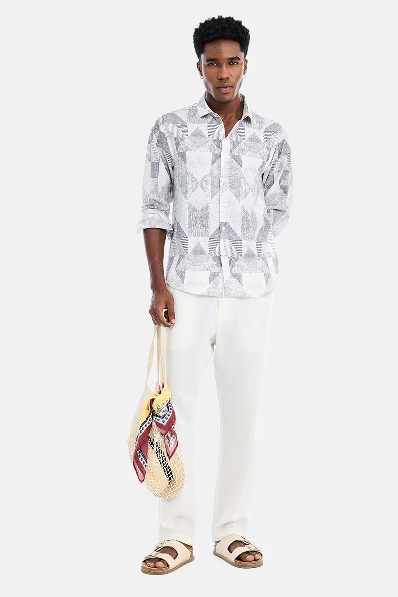 سنيتش White Geometric Long Sleeve Regular Fit Casual Shirt