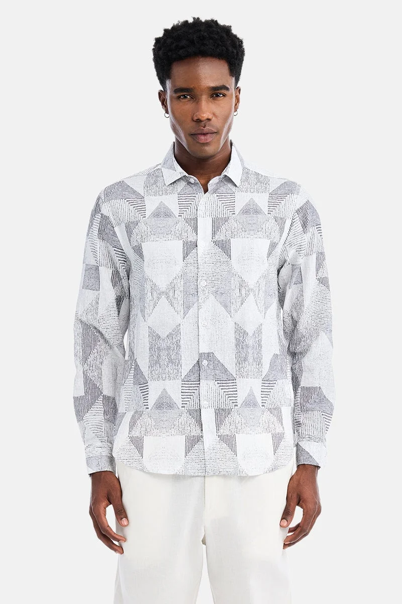 سنيتش White Geometric Long Sleeve Regular Fit Casual Shirt