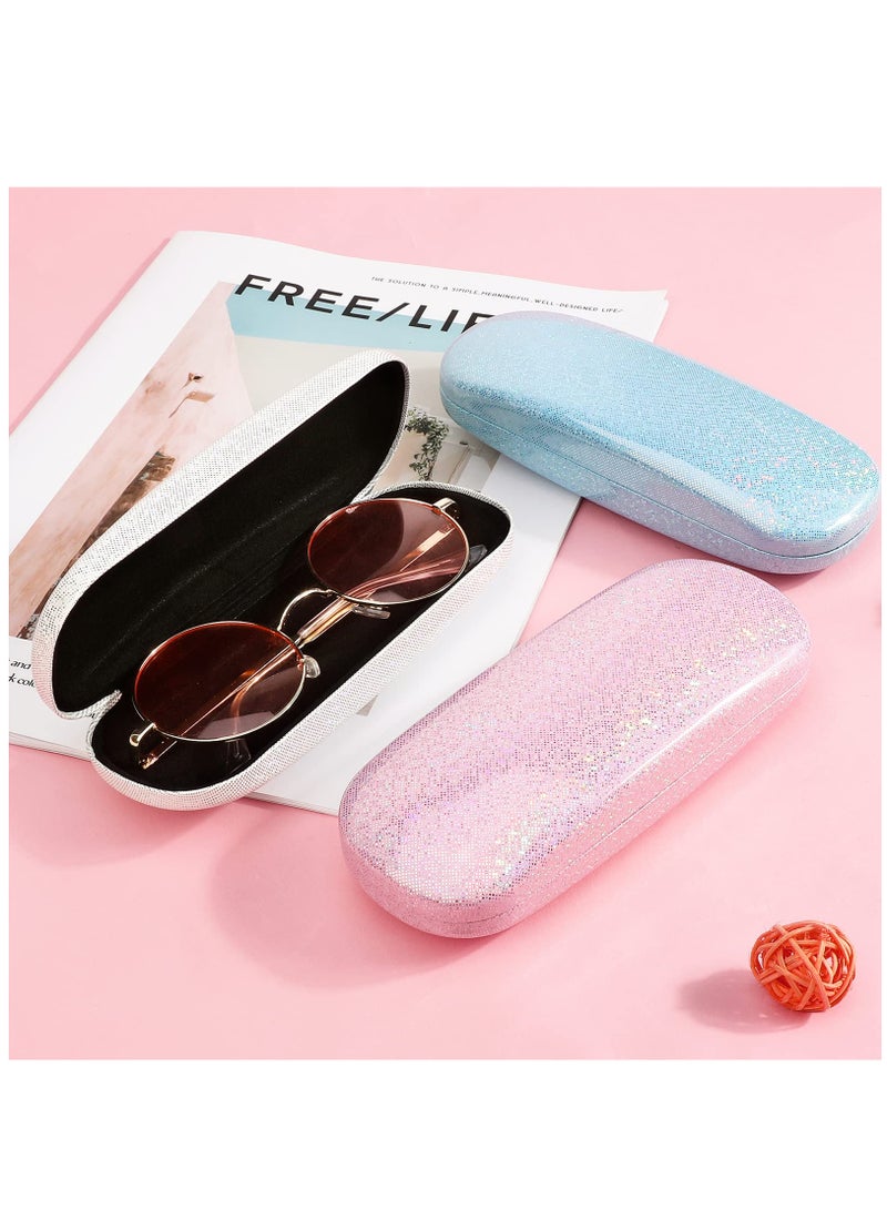 3-Pack Hard Shell PU Leather Eyeglasses Case, Portable Protective Sunglasses Holder, Glitter Glasses Case with Microfiber Cleaning Cloth for Men, Women, and Girls - Ideal for Travel, Study, and Work.