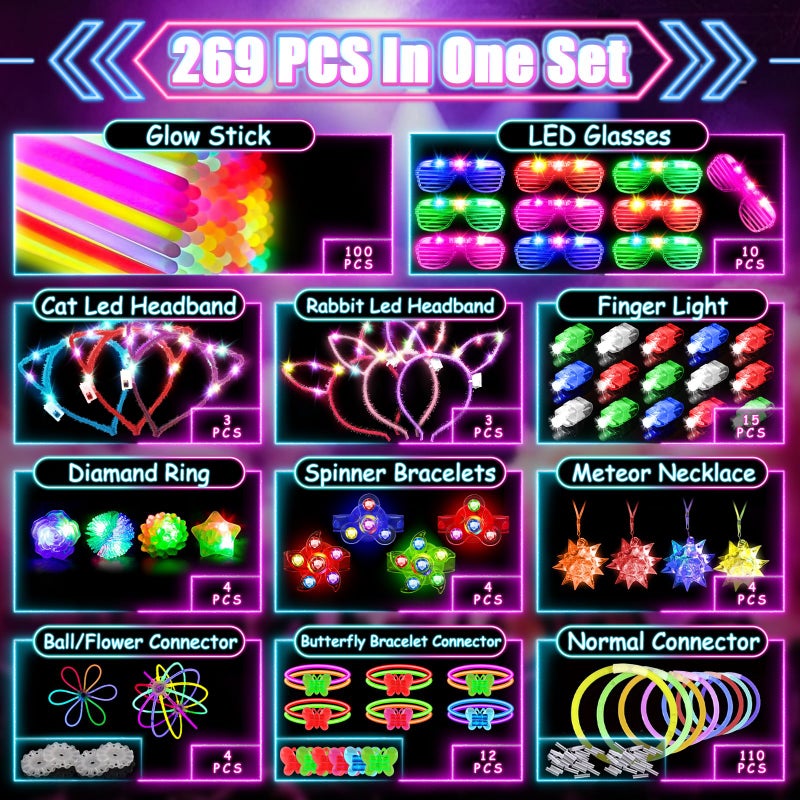MIBOTE 269Pcs Led Light Up Toys Party Favors Glow in the Dark Party Supplies for Kid/Adults Halloween with Light Up Glasses,Rings,Fidget Spinner Bracelets,100 Glow Sticks Bulk Party Pack DIY Glow - Image 2