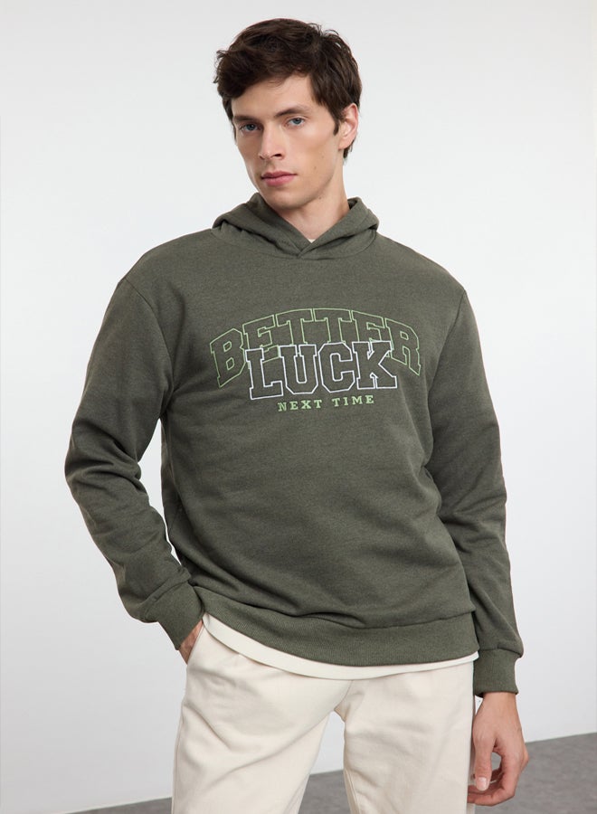 trendyol Khaki Regular/Normal Cut Text Embroidered Hooded Sweatshirt - Image 1